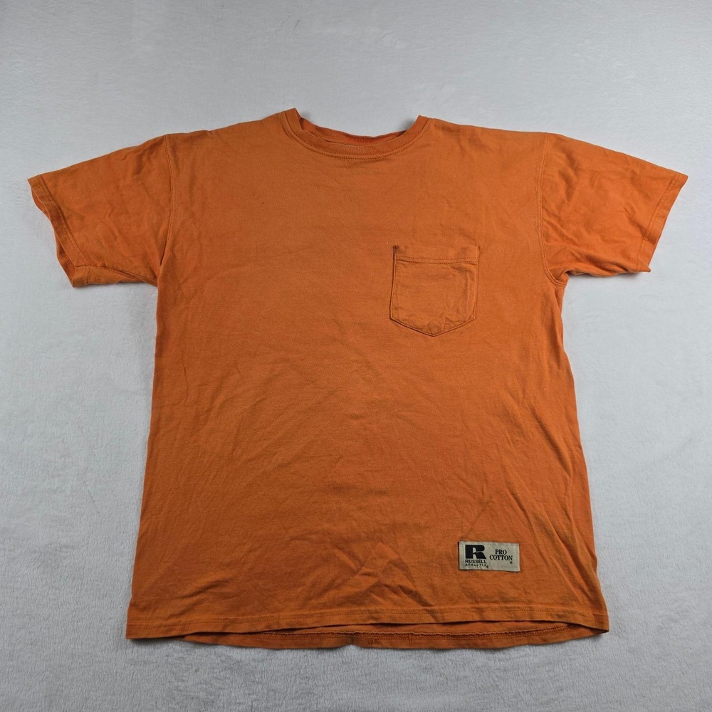 Russell Athletic Pro Cotton Orange Pocket T-Shirt Mens Medium Short Sleeve Crew